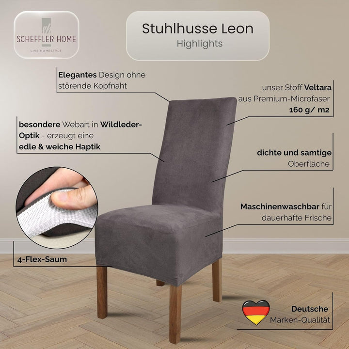 SCHEFFLER-Home Stuhlhussen 6er Set Leon Grau/elastische Wildleder Hussen für Stühle/Robustes Freisch