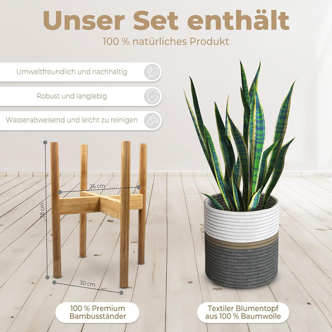 AMARA DECO - Set Textil-Blumentopf + Bambus-Pflanzenständer für Künstliche Pflanzen oder Natürliche