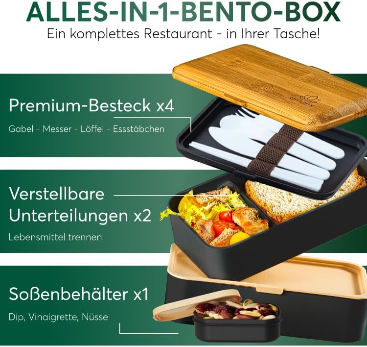 UMAMI Bento Box für Erwachsene/Kinder, neue Premium Edition, 1 Sossentöpfe & 4 Bestecke, Lunch Box f