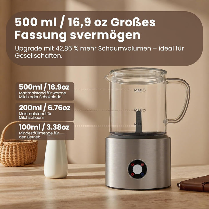 Milchaufschäumer Elektrisch 4 in 1, Milchschäumer Induktion 500ml Kalt Warm, Detachable Glas Visuell