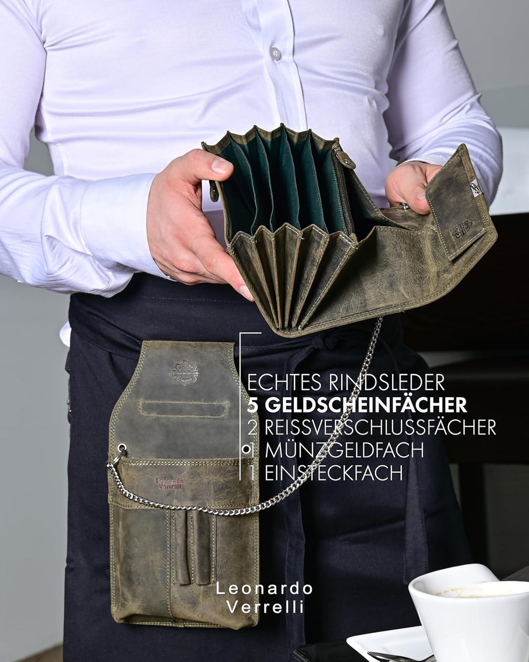 LEONARDO VERRELLI Kellner Geldbörse aus Leder, Kellnerbörse, Geldbeutel, Damen Herren Portemonnaie m
