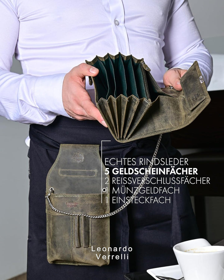 LEONARDO VERRELLI Kellner Geldbörse aus Leder, Kellnerbörse, Geldbeutel, Damen Herren Portemonnaie m