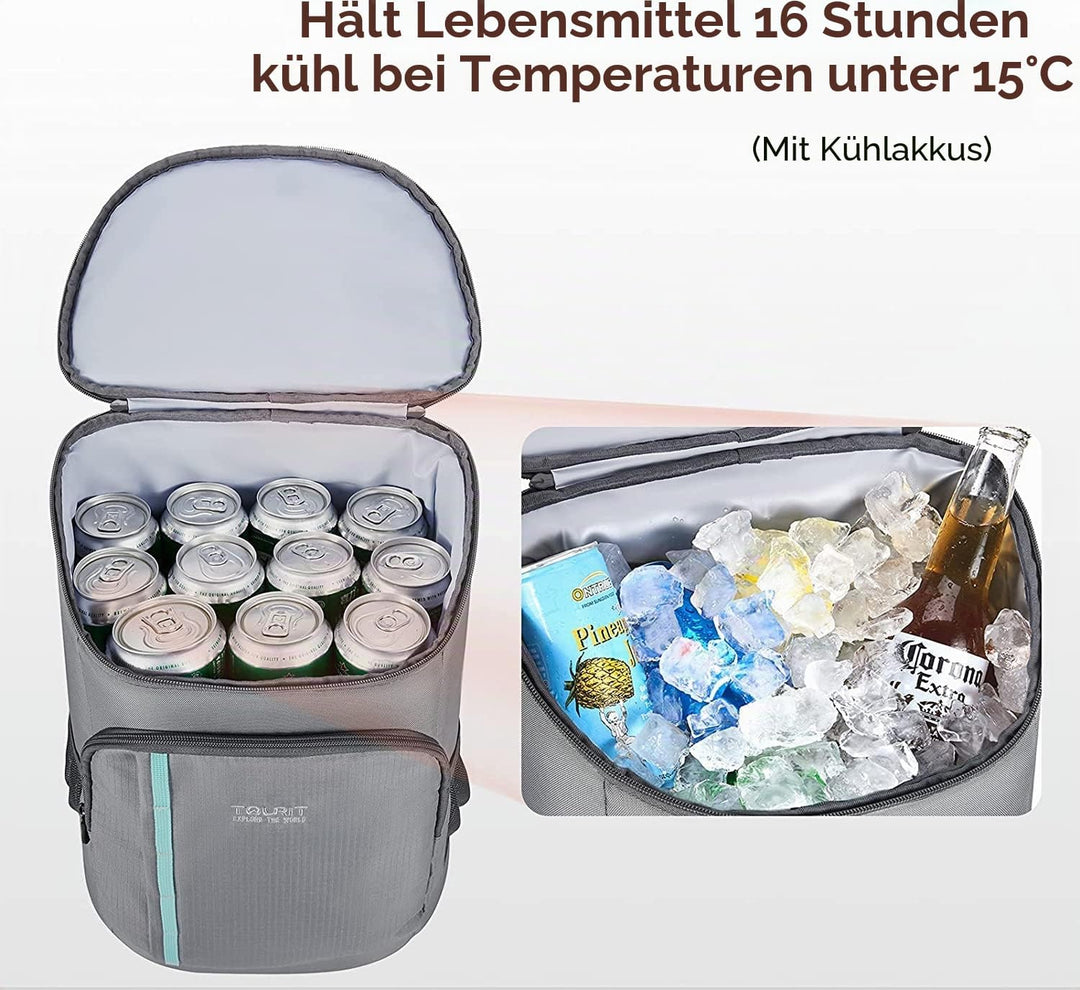 TOURIT 28L Kühler Rucksack Leichter Rucksack mit Flaschenöffner Hält 30 Dosen Grau, Grau