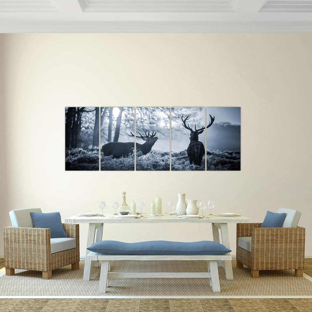 Runa Art Wandbild XXL Winter Hirsch Wohnzimmer Schlafzimmer 200 x 80 cm Grau Blau 5 Teilig - Made in