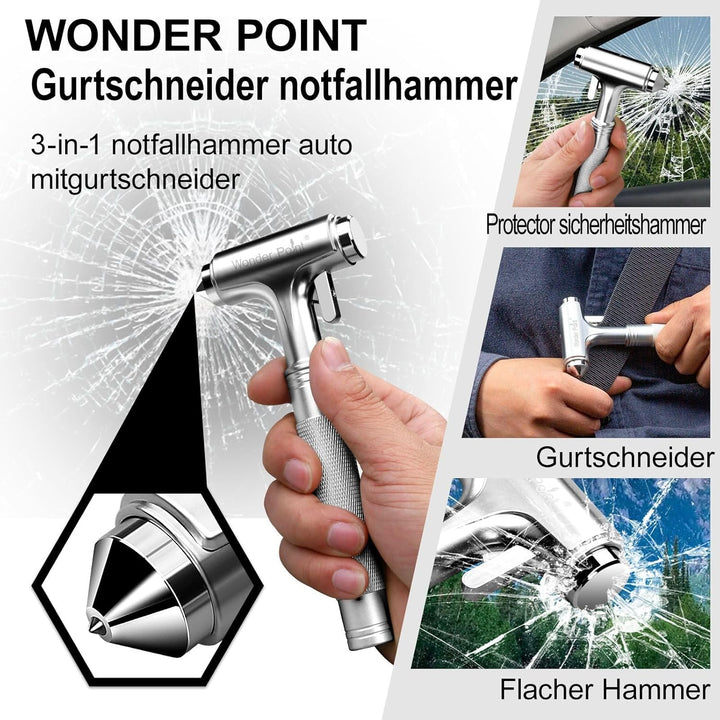 WONDER POINT Premium Auto Sicherheitshammer, Notfall-Fluchtwerkzeug Mit Autofensterbrecher Und Siche