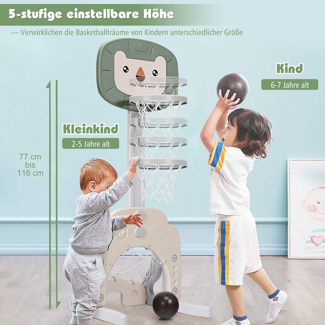 DREAMADE 3 in 1 Kinder Basketballkorb Set, 77-116 cm höhenverstellbarer Basketballständer mit Fussba