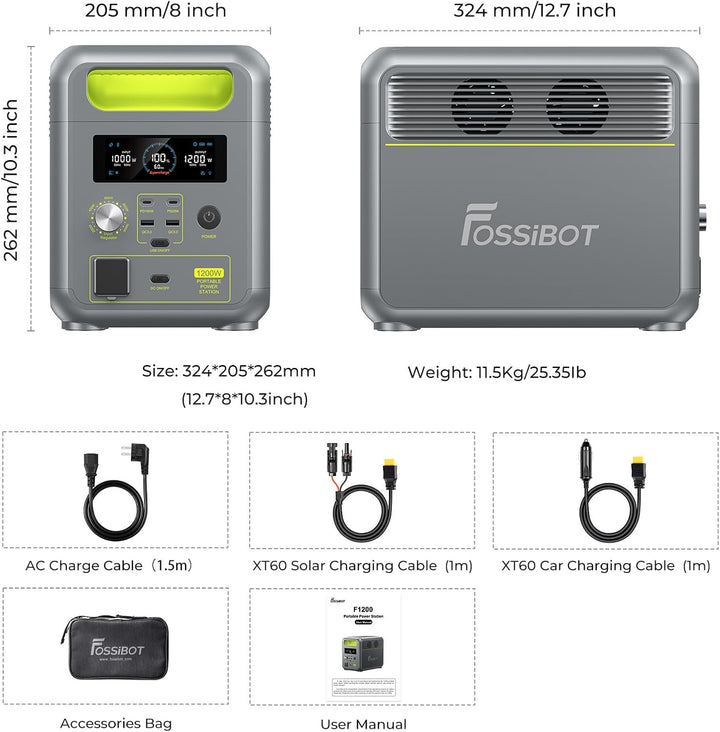FOSSiBOT Tragbare Powerstation F1200, 1024Wh LiFePO4 Solargenerator mit 2 1200W AC Ausgänge, 100W Ty