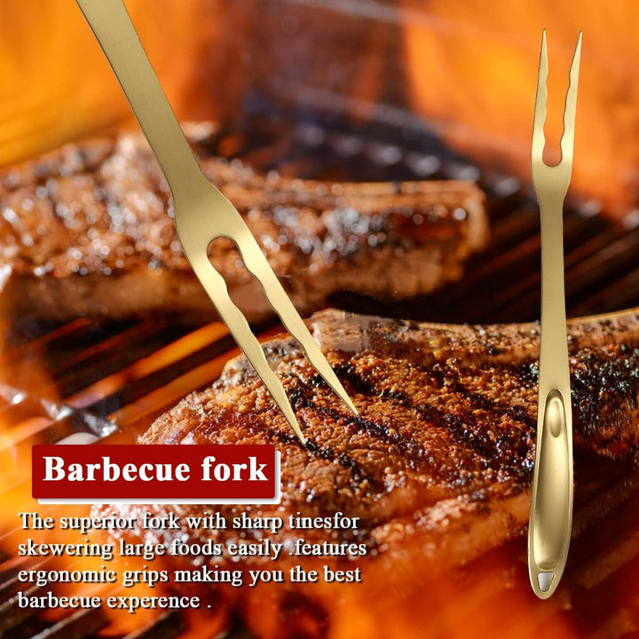 Kyraton Gold Grillbesteck Set 4TLG Kit, Grill Zubehör Set, Titan Gold Beschichtung Edelstahl mit Bak