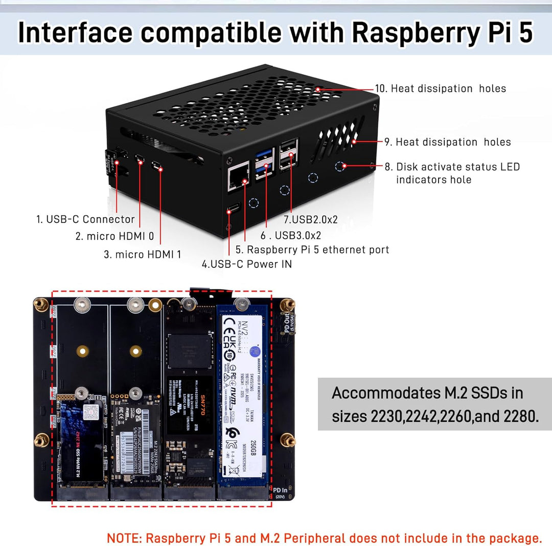 GeeekPi N16 Quad M.2 M-Key NVMe SSD Hut mit Metallgehäuse & Aktivkühler für Raspberry Pi 5, unterstü