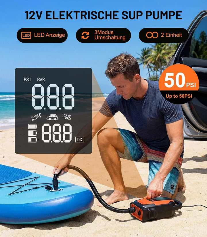 SUP Pumpe Elektrisch, 50PSI 3in1 Elektrische SUP Luftpumpe 12V DC Autoanschluss mit Inflation Auto-O