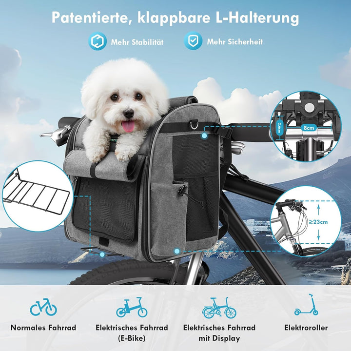 Hundekorb Fahrrad Vorne bis 10KG mit L-förmige Halterung Φ8cm, Faltbarer Hundefahrradkorb 4 in 1 Ruc