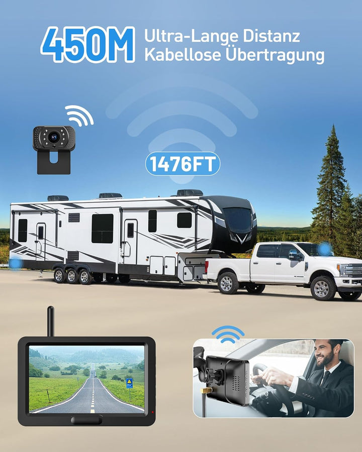Rückfahrkamera Kabellos, 5" Digital Rückfahrkamera Set HD, Nachtsicht-Kit, Schnellinstallation, Stab