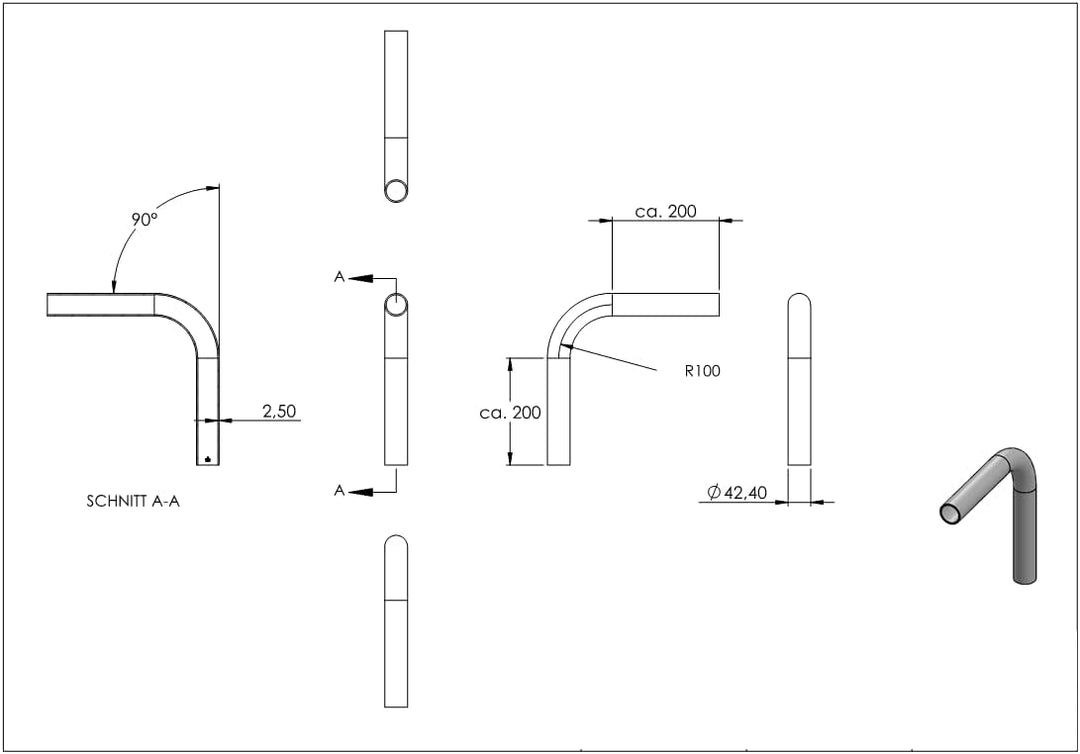 Fenau | Stahl Rohrbogen | 90° | 42,4x2,5 mm | Stahl S235JR, roh Winkel: 90° 42,4x2,5 mm | 1 1/4" RM