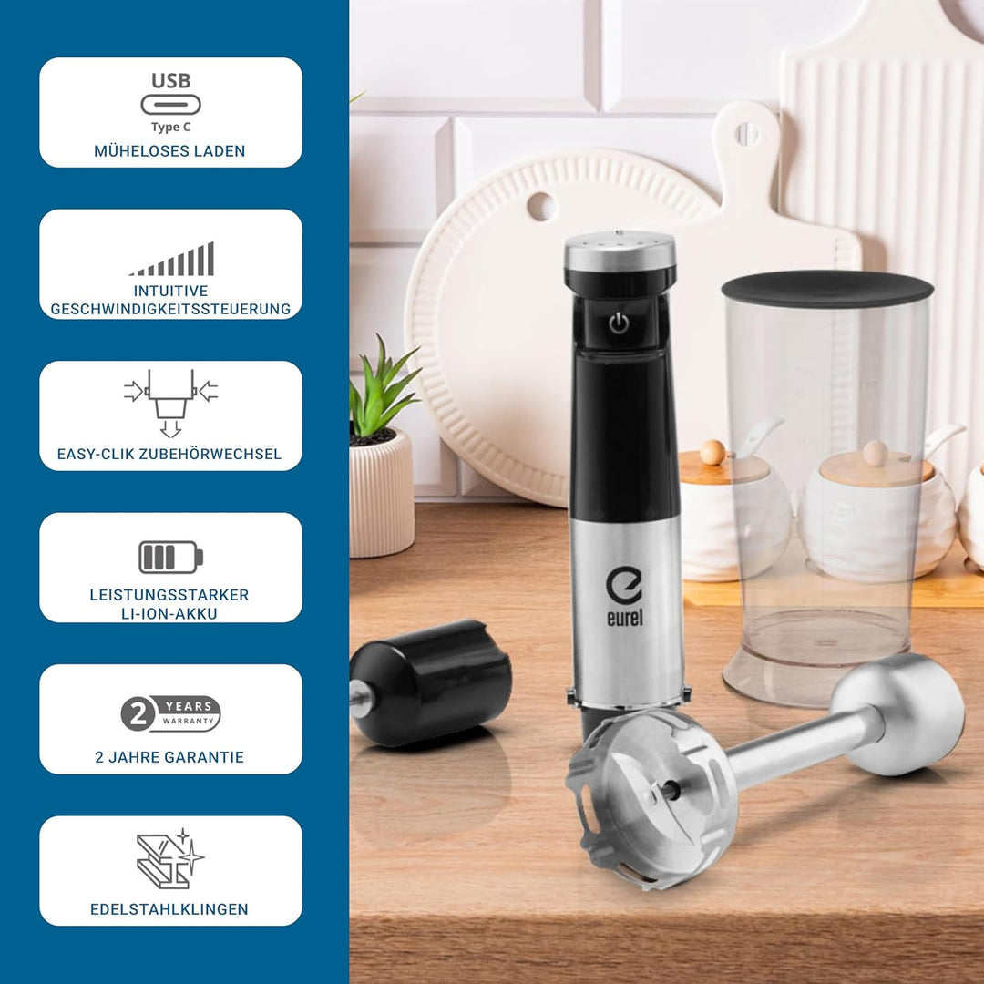 EUREL TRENDLine MP74 Stabmixer Set – Kabelloser Pürierstab mit 150W DC-Motor, 5 Geschwindigkeiten, S