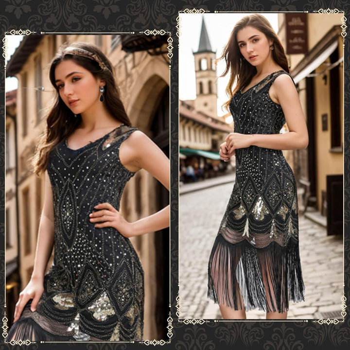 PLULON 1920er-Jahre-Flapper-Kleid. Brüllendes 20er-Jahre-Gatsby-Kleid-Kostüm mit 20er-Jahre-Accessoi