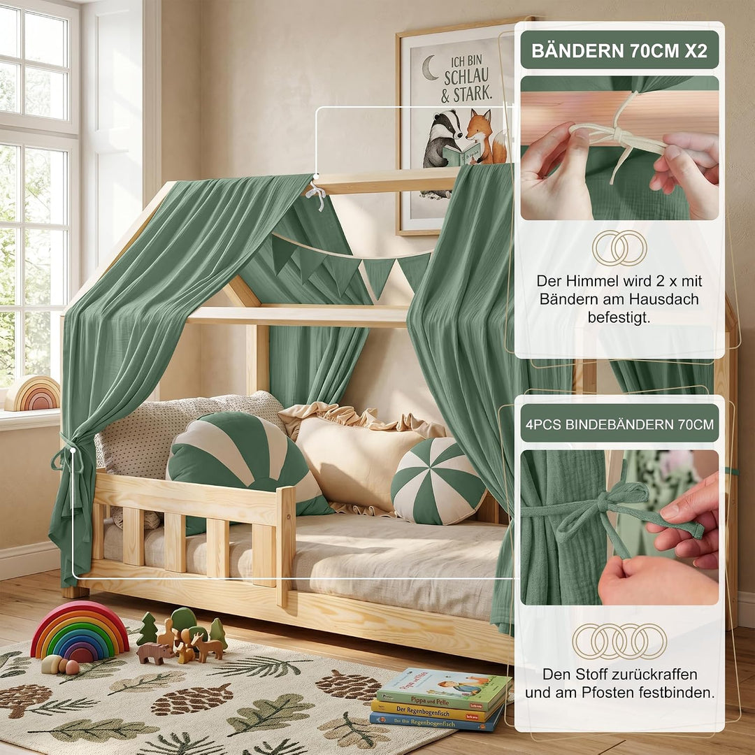 Hausbett Himmel Kinder Betthimmel Kinderbett mit 3m Wimpelkette, Dunkelgrün Dunkelgrün H270 x B135 c