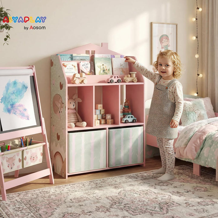 AIYAPLAY Kinderregal Bücherregal Kinder mit 2 Stoffschubladen offen Regal Spielzeugregal für 3-8 Jah