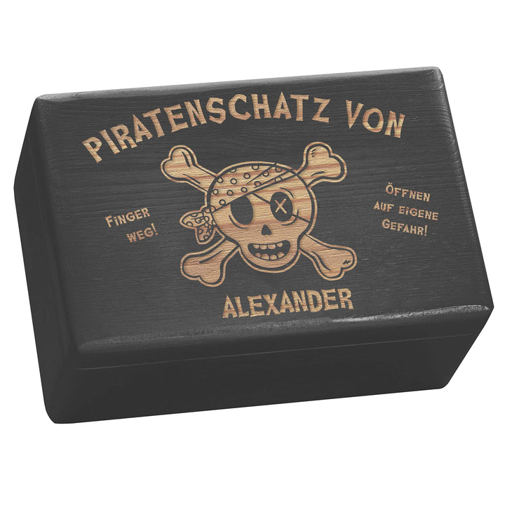 LAUBLUST Grosse Holzkiste personalisiert mit Piraten-Schatz Gravur - 30x20x14cm, Schwarz, FSC® | Ges