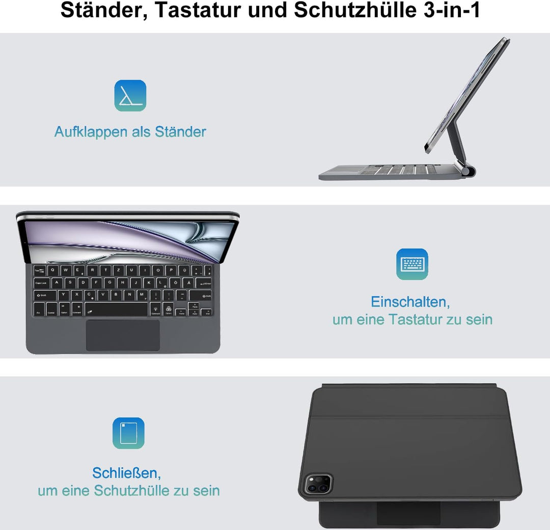 JADEMALL Magic Keyboard for iPad Air 11" M4 2026/M3 2025/M2 2024 - Deutsches QWERTZ Layout Tastatur