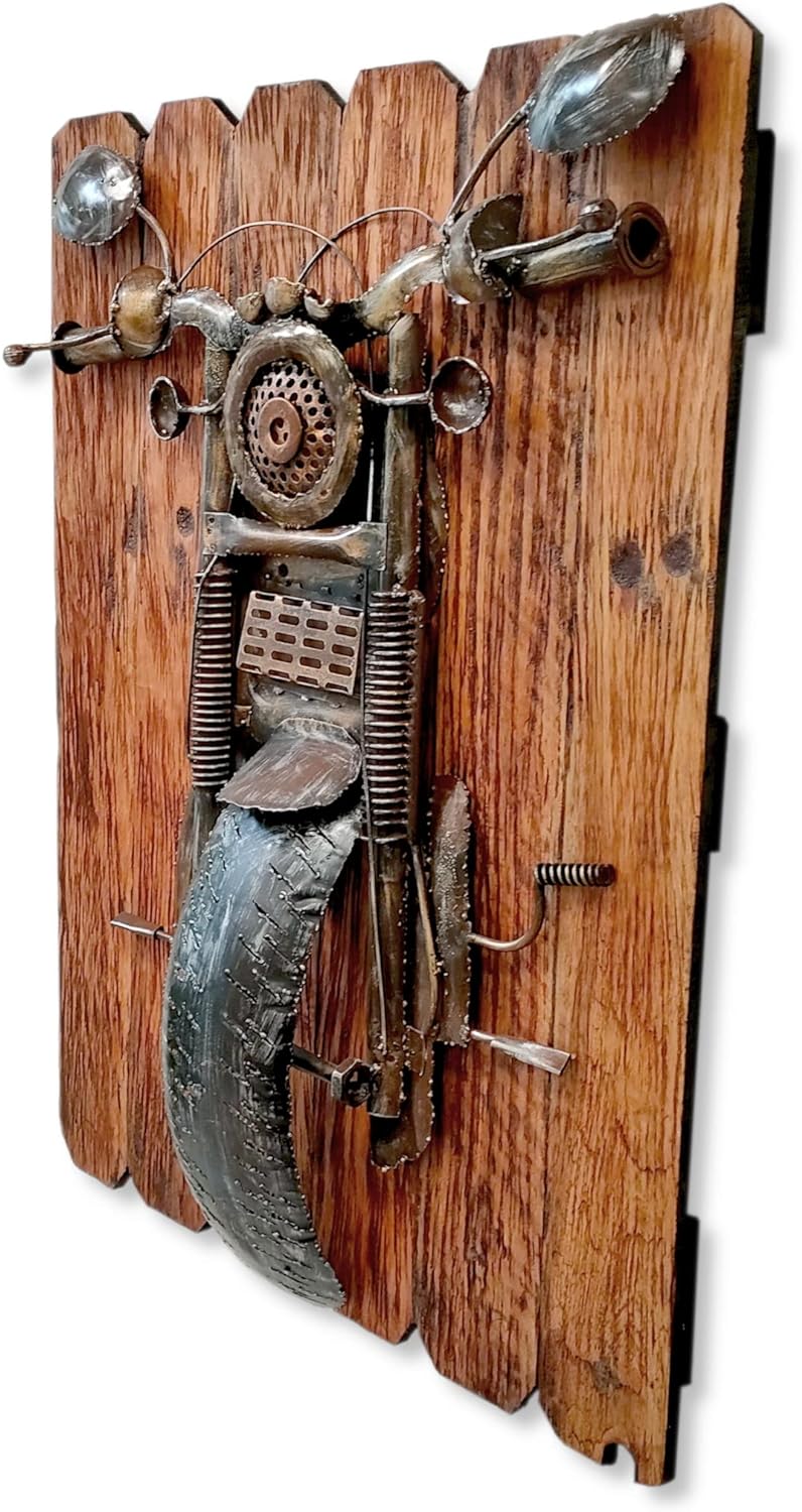 Metall Wandbild Motorrad auf braunen Holz-Planken 55 x 75cm Wand-Deko retro look vintage Skulptur, M