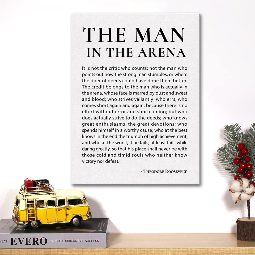 Inspirierender Leinwanddruck mit Zitat "Der Mann in der Arena" und "Positive Theodore Roosevelt"-Spr