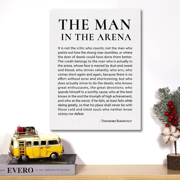 Inspirierender Leinwanddruck mit Zitat "Der Mann in der Arena" und "Positive Theodore Roosevelt"-Spr