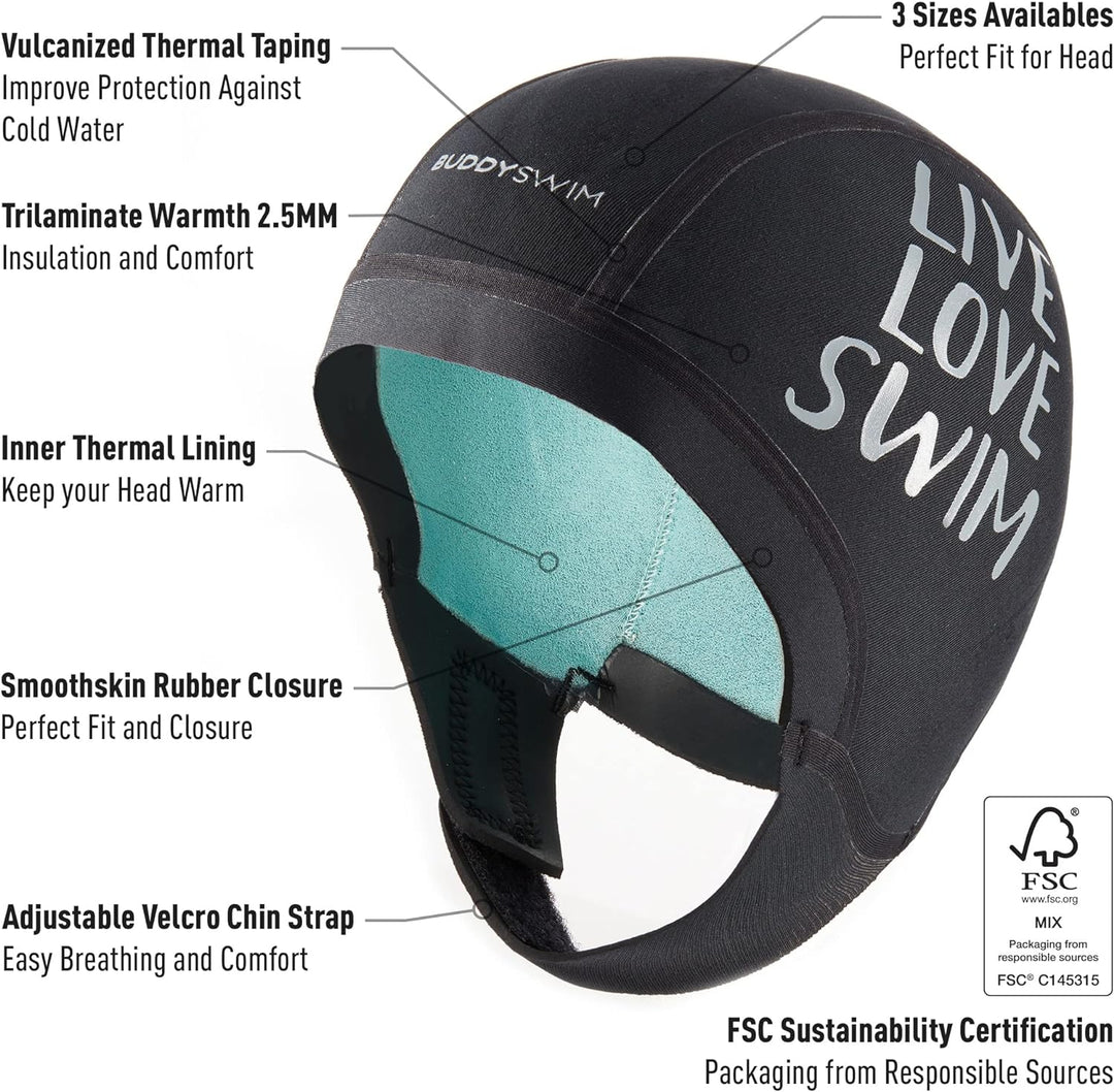 Buddyswim 2,5 mm Dicke Neoprenbadekappe für Freiwasserschwimmen. Kälteisolierende Neoprenmütze mit K