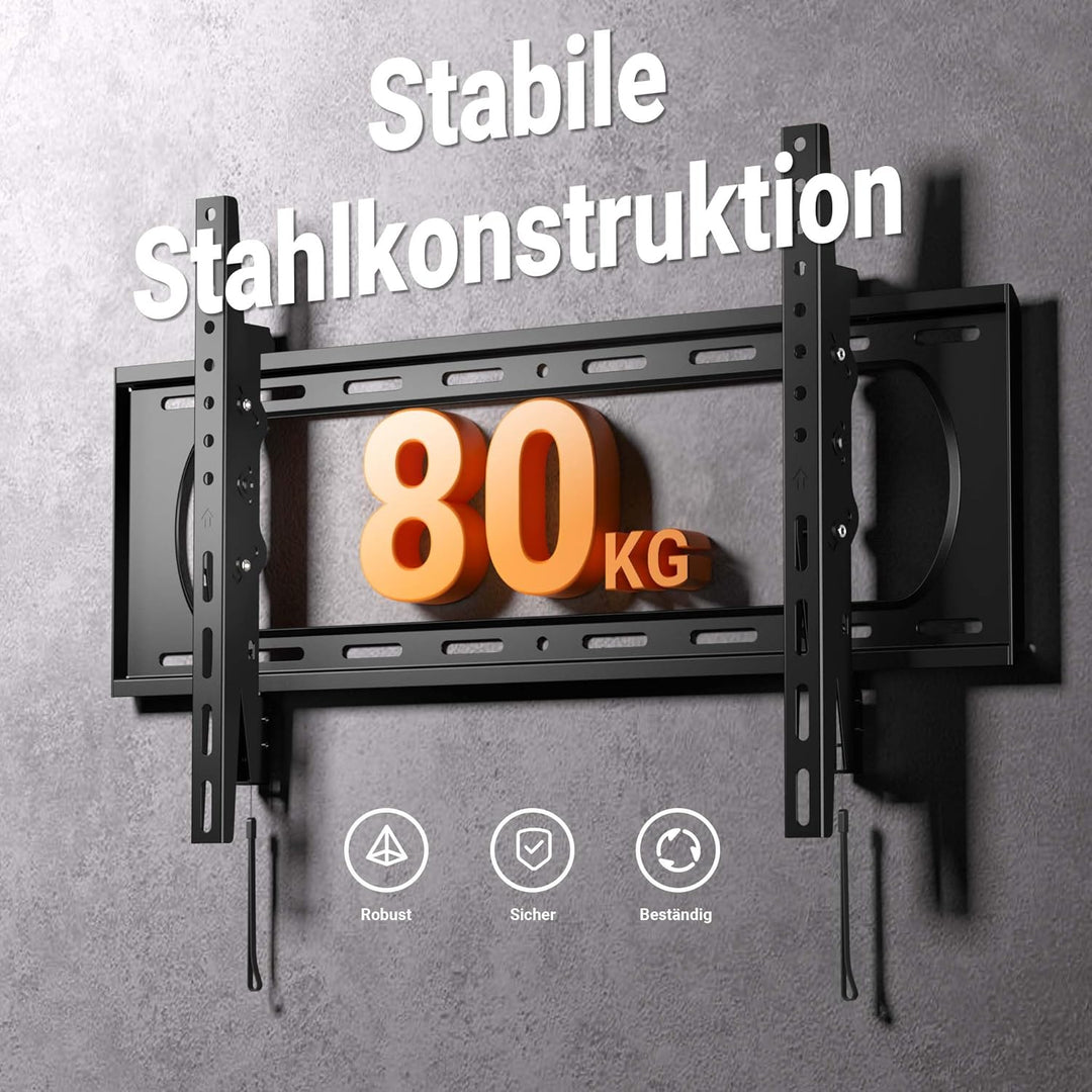 Wiltec TV Halterung 37"–80", TV Wandhalterung bis 80 kg aus Stahl, platzsparende Fernsehhalterung, F