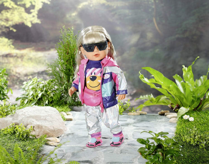 BABY born Zapf Creation 830031 Deluxe Fahrrad Set für 43cm Puppen mit rosa Jacke, lila Shirt, Silber