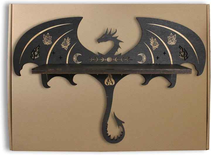 Gotisches Drachen Wandregal - Mystisches Schweberegal aus Holz für Kristalle & Deko im Hexen-Stil. S