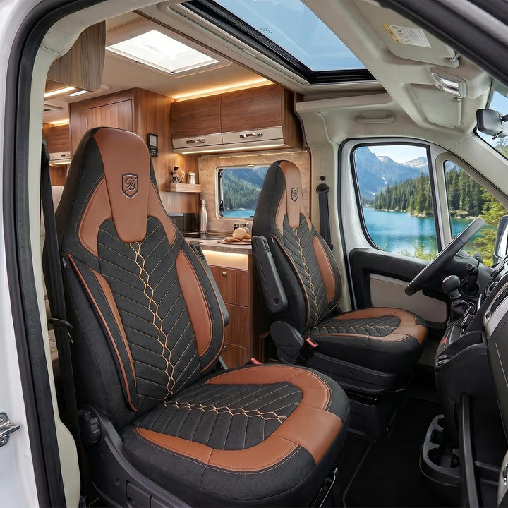 Autositzbezüge Universal für Wohnmobil & Caravan - Vordersitze Auto Sitzbezug aus Leinen, Schwarz-Te