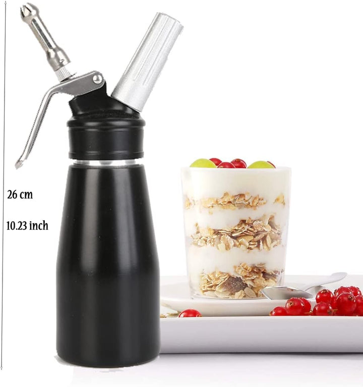Comforty Sahnespender-Edelstahl 250ML,Edelstahl Sahnesyphon mit 6 Dekorations-Düsen und 1 Reinigungs