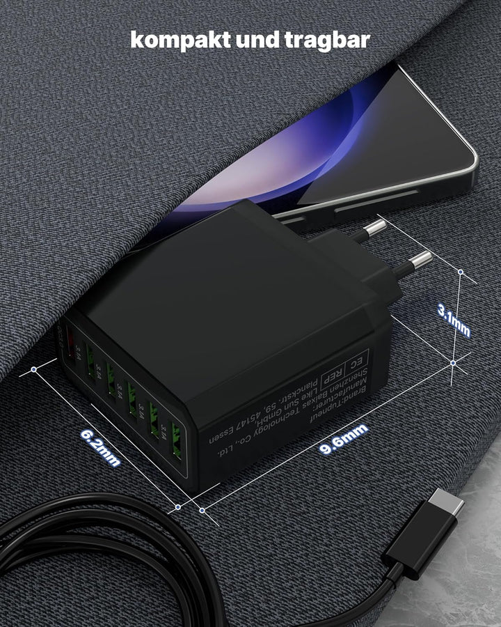 USB Ladegerät 2er-Pack, 6-Ports Schnellladegerät Mehrfach 33W USB Netzteil mit QC 3.0 und USB 3.1A,