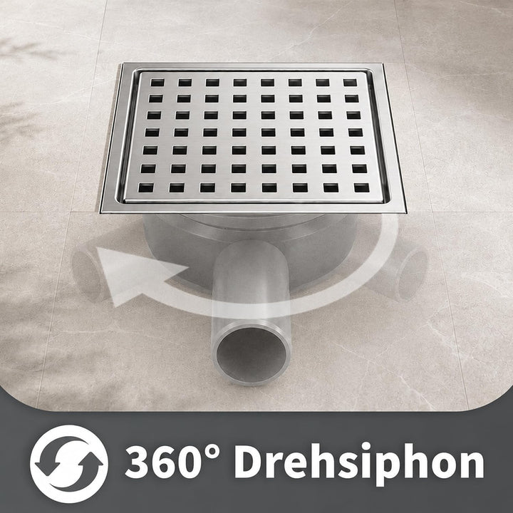 Duschrinne Quadratisch Edelstahl Bodenablauf mit 360° Siphon Geruchsstop, 15x15CM Bodenablauf Dusche