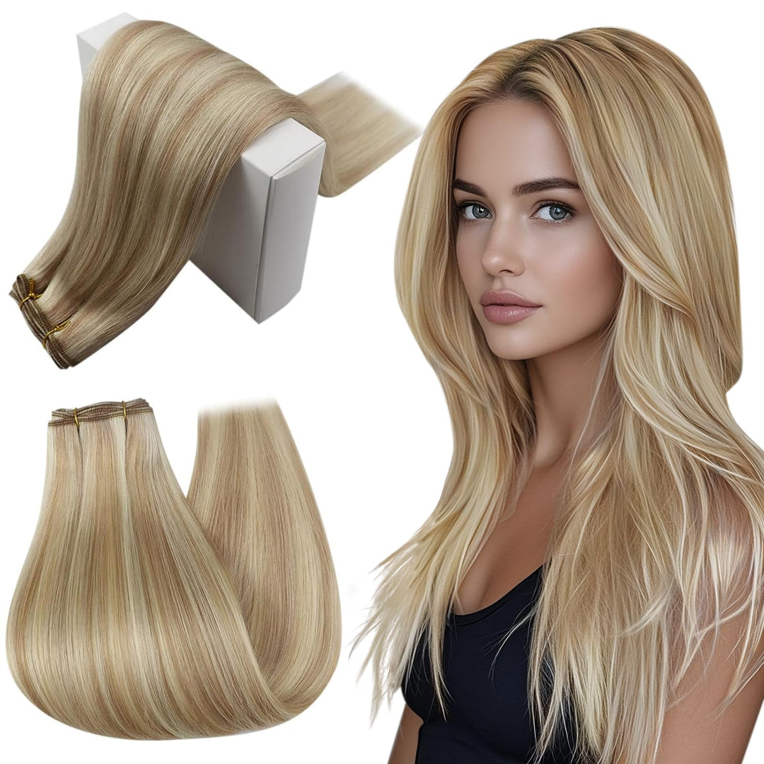 RUNATURE Echthaar Tressen Extensions Aschblond mit Platinblond Sew in Weft Extensions Remy Blond Tre