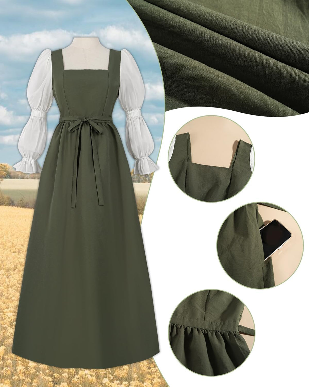 CR ROLECOS Damen Mittelalter Kleid Laternenärmel A-Linie Vintage Viktorianisches Kleid Renaissance K