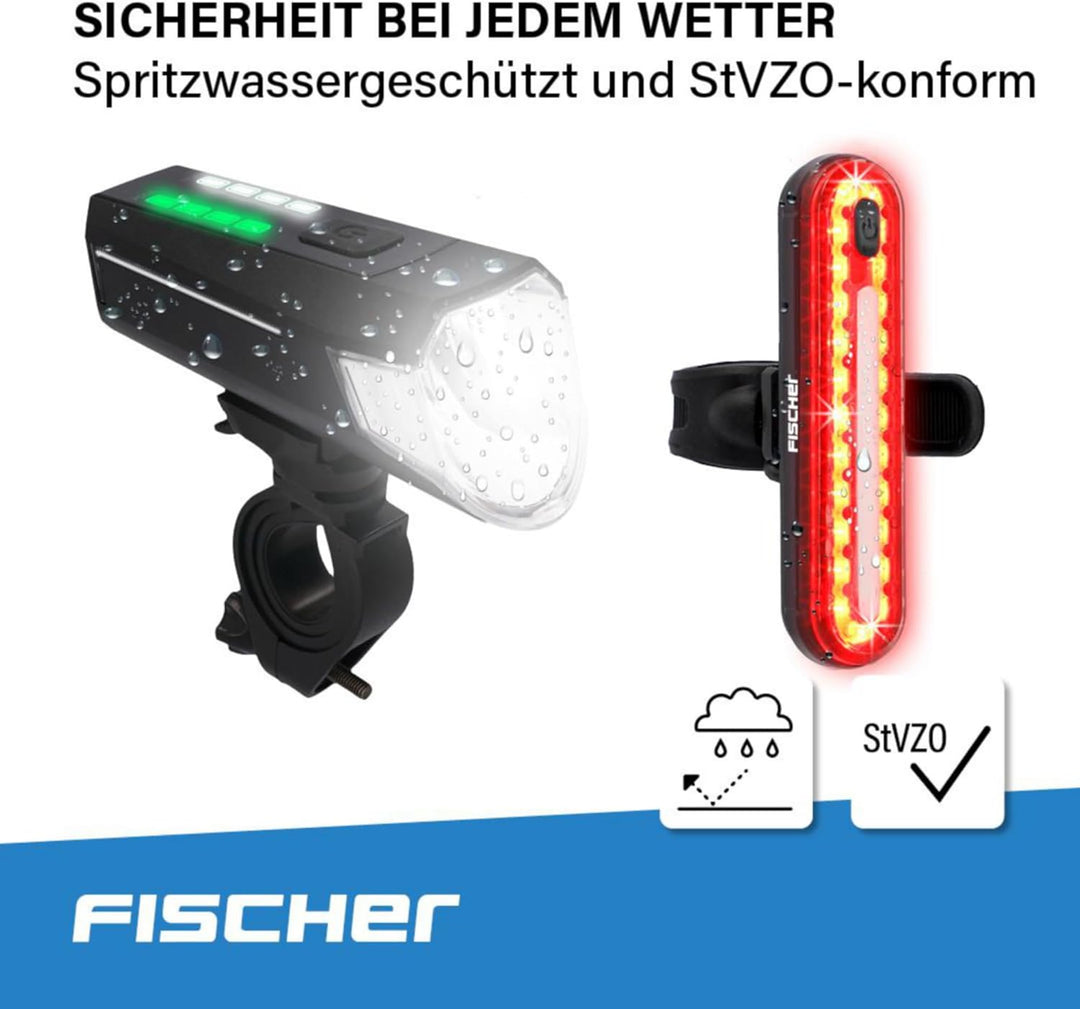 Fischer Fahrrad Beleuchtungs-Set 80/40/20 Lux, Akku-Leuchtenset Stop, Front- und Rückleuchte, mit Ak