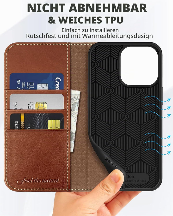 SHIELDON Hülle für iPhone 13 Pro 5G Handyhülle [Echtleder] [Kartenfach] [Magnet] [Standfunktion] [RF
