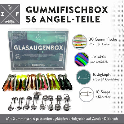 Zanderfang Gummifisch Box - Gummifische mit Jigkopf zum Zanderangeln mit Gummifisch - 30 Zander Gumm