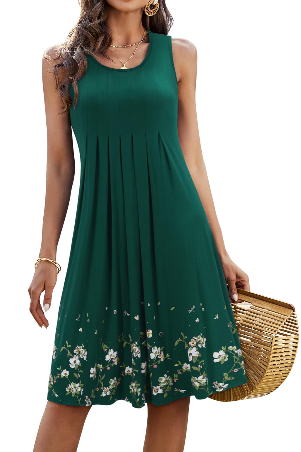 KILIG Sommerkleid Damen Strandkleid Midi Ärmellose Kleid Sommer Leicht Blumenkleid Freizeitkleid A1-