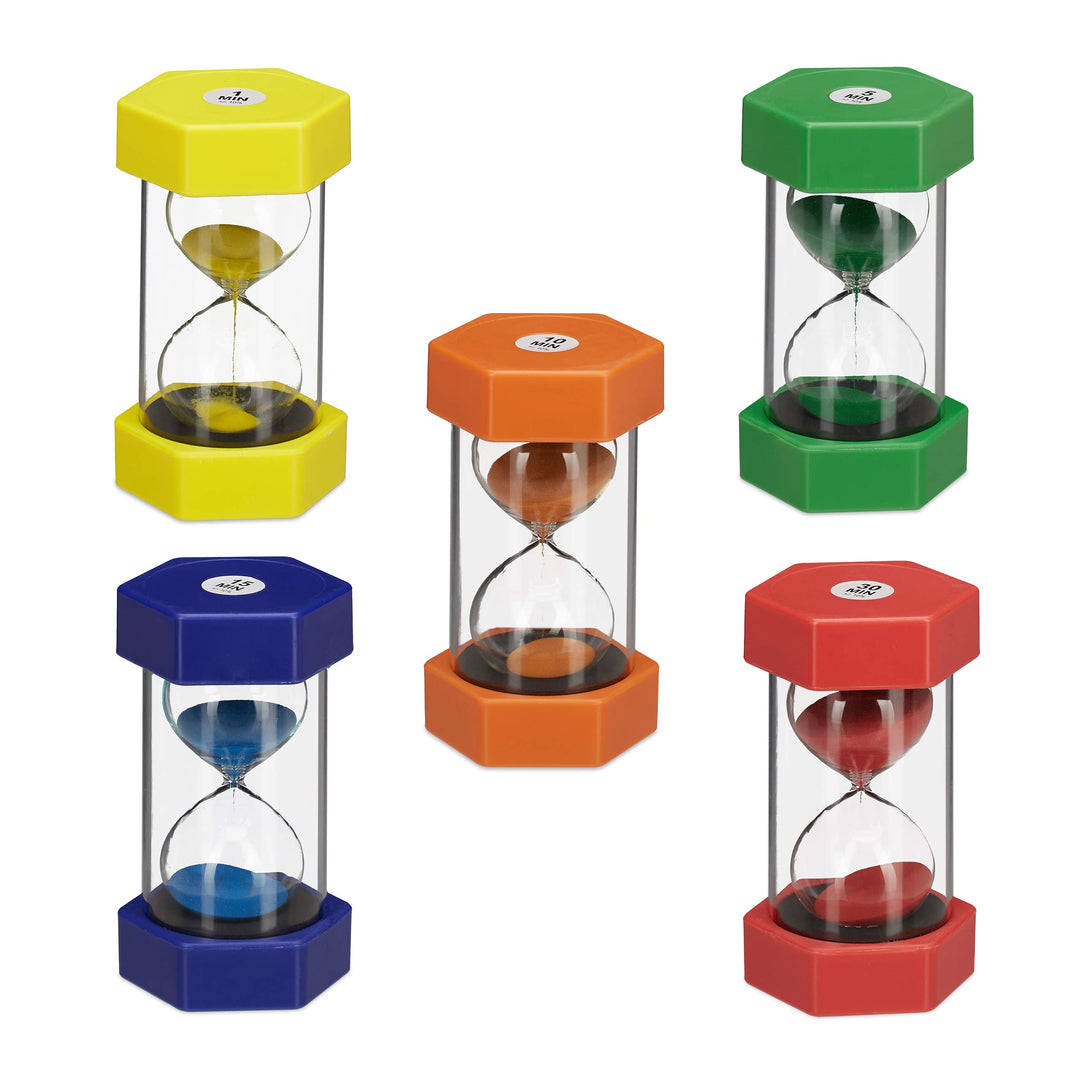 Relaxdays 10024319, bunt XXL Set, 5X Sanduhr für Kinder, Zeit Lernen, 1, 5, 10, 15, 30 min, bruchsic
