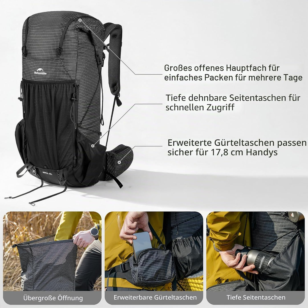 Naturehike Rock 2.0 Upgraded 45L Rucksack Interner Rahmen Wanderrucksack Herren mit Regenhülle Trekk