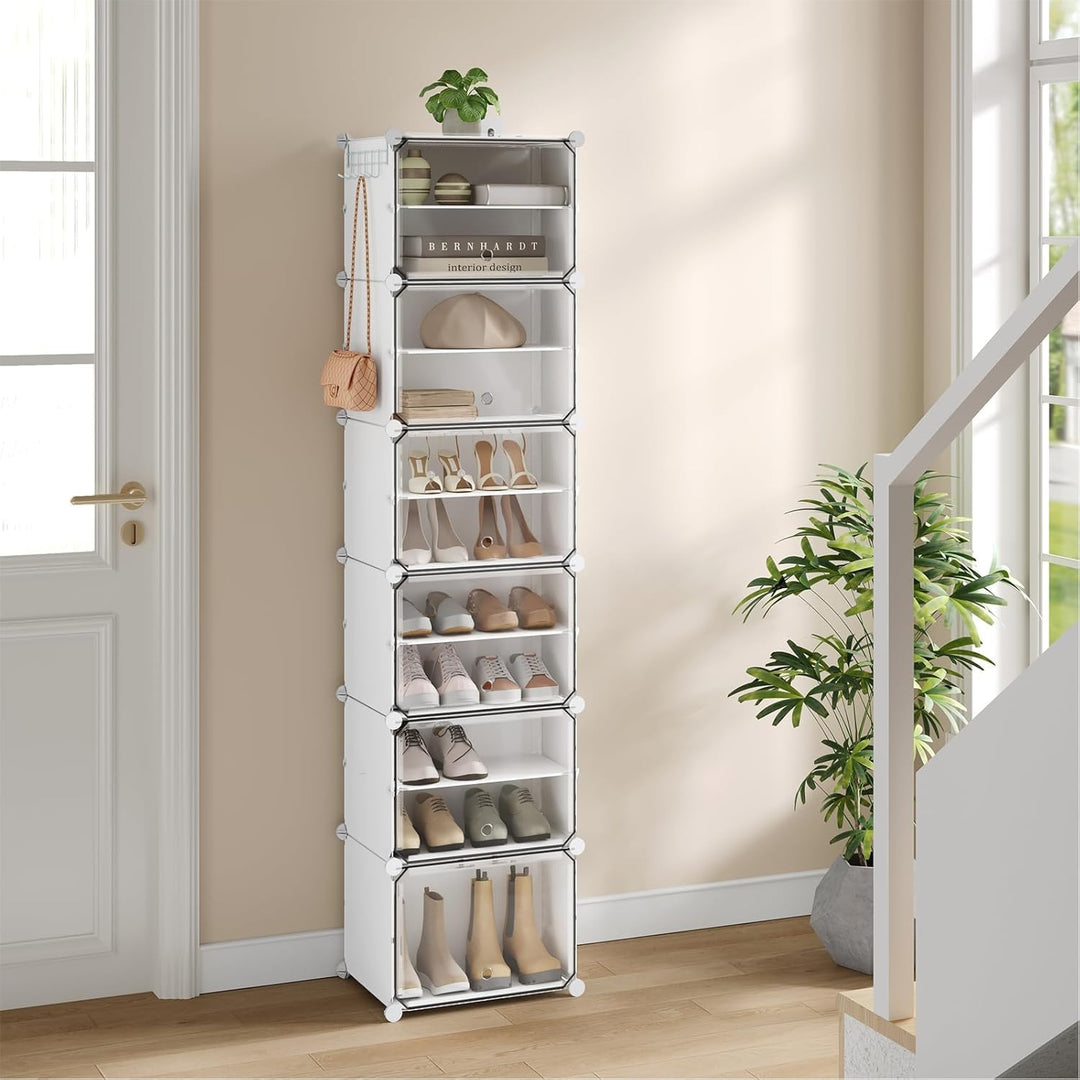 WOLTU Schuhregal, Schuhschrank mit 12 Fächern, Platzsparend, Mit Haken, Schuhablage Kunststoff, für