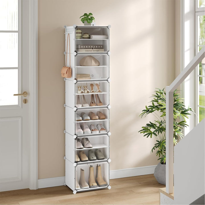 WOLTU Schuhregal, Schuhschrank mit 12 Fächern, Platzsparend, Mit Haken, Schuhablage Kunststoff, für