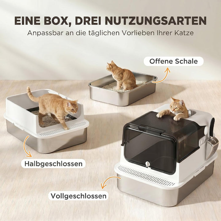 PawHut Katzenklo XXL Edelstahl mit Deckel 52L für grosse Katzen Weiss | Katzentoilette für Mehrere K