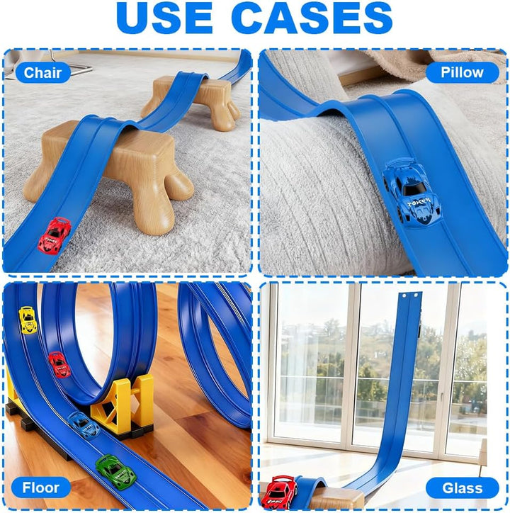 Autorennbahn Spielzeug Auto, 5m Flexible Autobahn Kinder Inklusive 4 Autos, Rennbahn Auto Kinder, Re