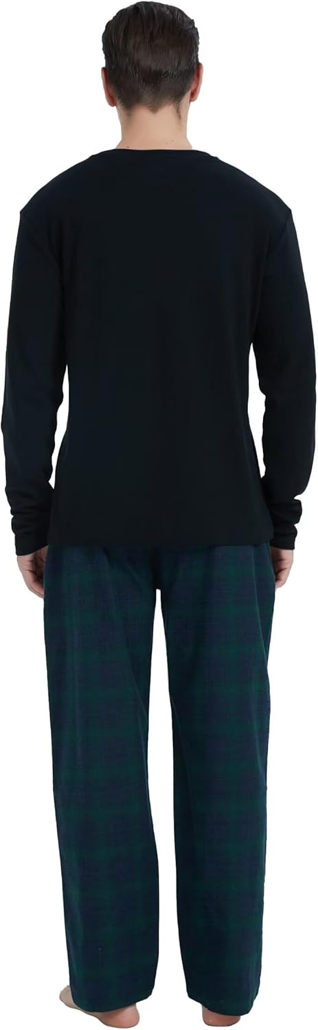 GLOBAL Herren Schlafanzüge Flanell Herren Pyjama Set Baumwolle Langarm-Pullover Oberteil und elastis