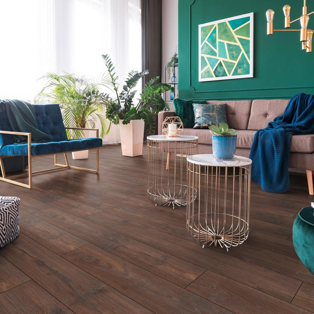Laminatboden Nostalgie Teak – Landhausdiele Teak braun – Exquisit Serie, 193 × 1380 mm, 8 mm Stärke,