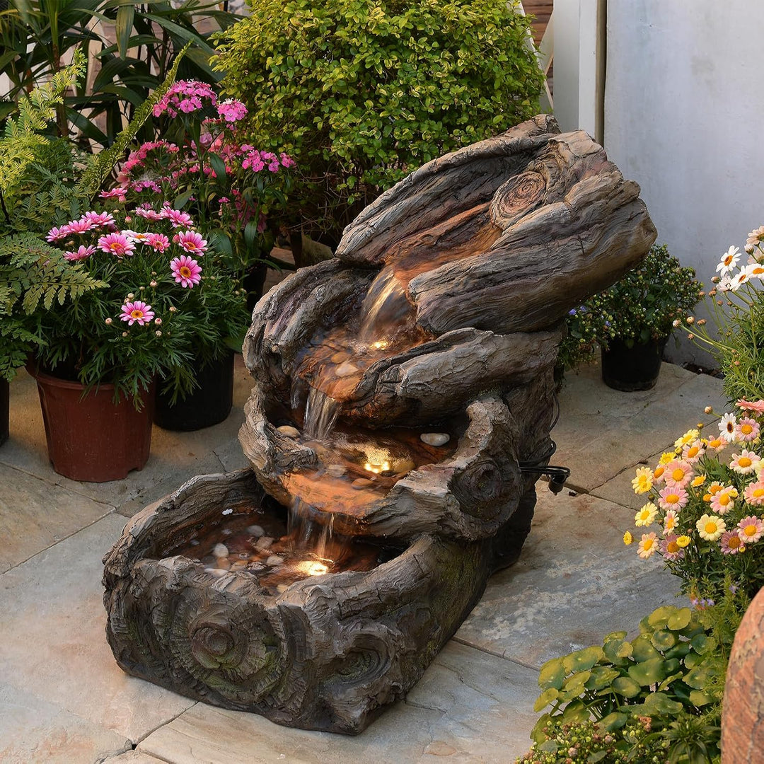 Sunlinua 4-stufige Gartenbrunnen in Holzoptik aus Harz mit LED-Beleuchtung – 80 cm Wasserfall, Garte