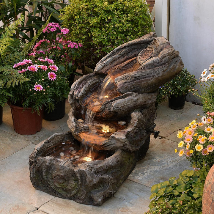 Sunlinua 4-stufige Gartenbrunnen in Holzoptik aus Harz mit LED-Beleuchtung – 80 cm Wasserfall, Garte
